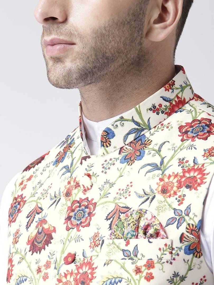 Men's Off White Viscose
 Printed Nehru Jackets